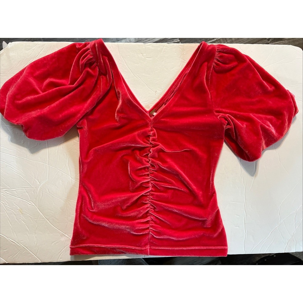 Free‎ People Cupcake Velvet Ruched VNeck Puff Sleeve Top Hot Pink XS Festival